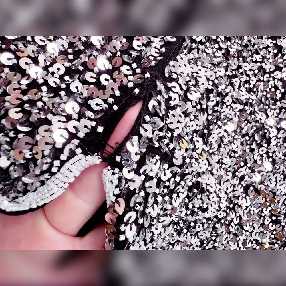 Stenay Vintage Silver Sequin Party Dress made in India Silk Lining 10 - Picture 13 of 14